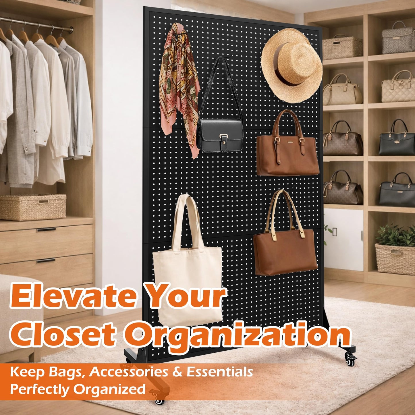Royxen 3.5 x 6 Feet Metal Pegboard with 50 Hooks, Peg Board Display Stand with Wheels, Large Standing Pegboard Displaywith T-Base Art Display Stand for Retail Stores Exhibitions Homes (Black)