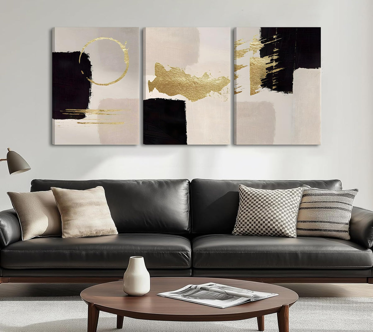 3Pcs Black and White Abstract Canvas Wall Art, Minimalist Black Beige Gold Painting Pictures Wall Decor, Modern Posters Print Artwork, for Living Room Bedroom Office Decoration, 16x24in Framed