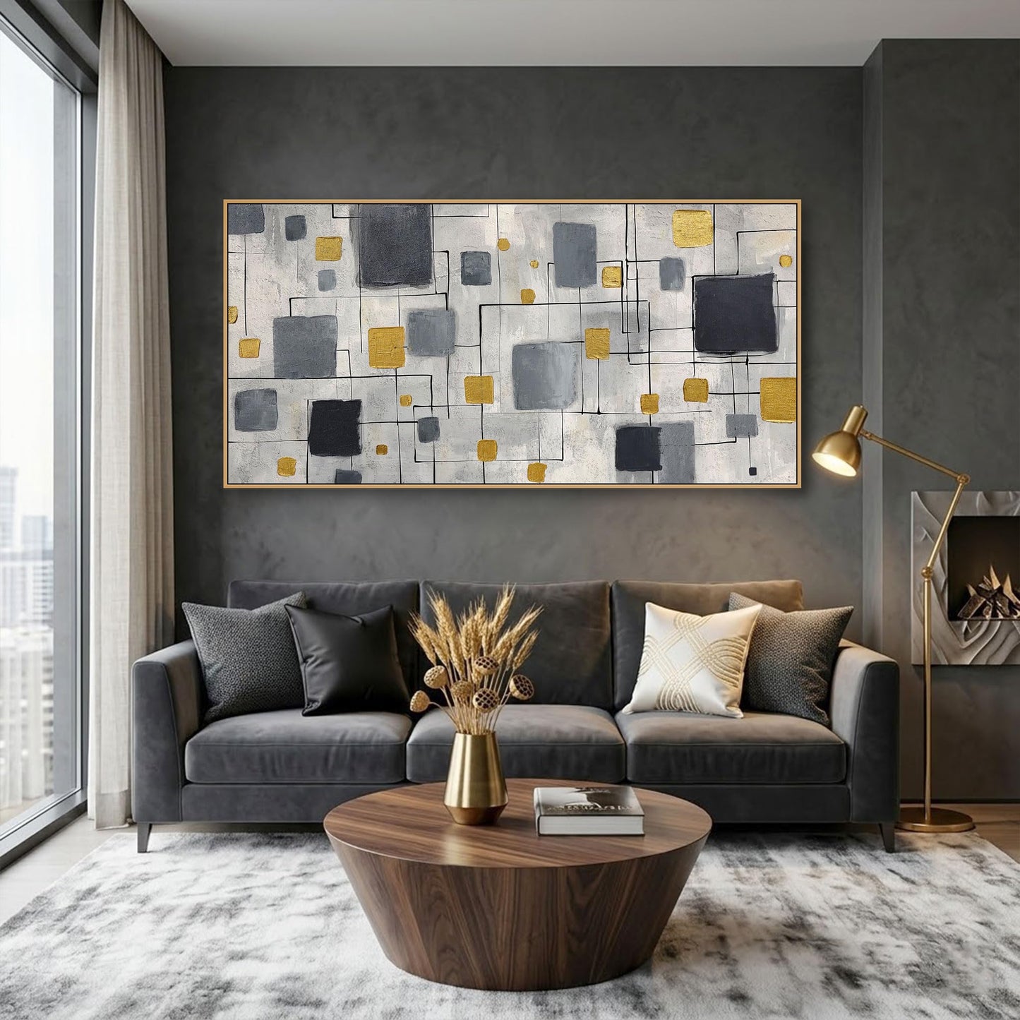 KLAKLA Neutral Decor Modern Abstract Wall Art Poster - Black Gold Gray for Living Room Bedroom Office Framed Minimalist Abstract Design 58x29 Inches
