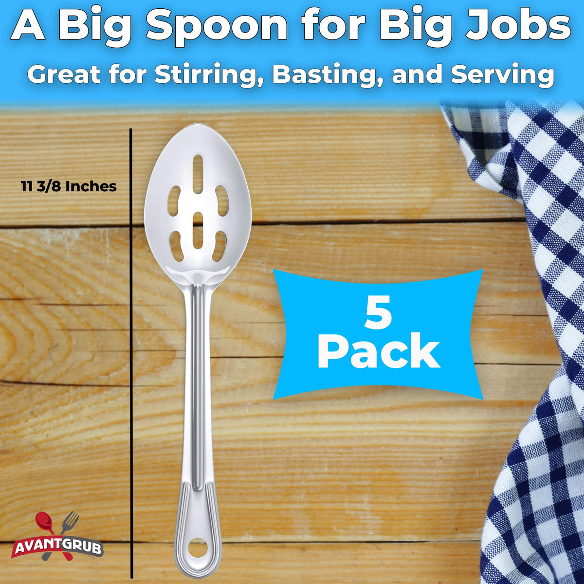 Super Strong, Ergonomic 11 in Serving Spoon 5 Pk. Big, Slotted Stainless Steel Spoons for Cooking, Baking and Basting. Best Kitchen Flatware for Buffet and Banquet Service in Restaurants and Homes