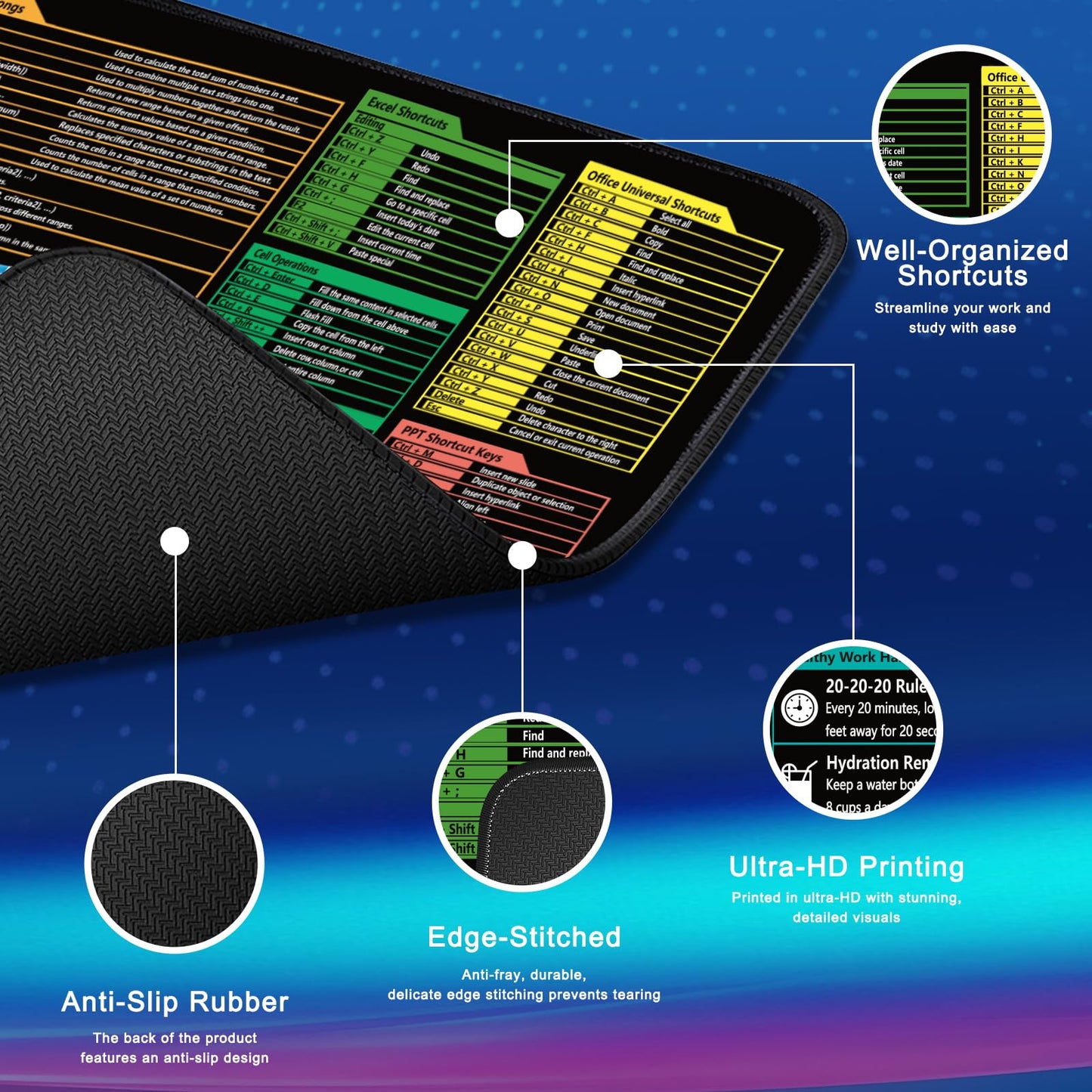 Excel Cheat Sheet Mouse Pad,Extended XL Mousepad(31.5" x 11.8"),Excel/Word/Power Point/Windows Mousepad,Non-Slip & Waterproof & Stitched Edges Gaming PC Office Desk pad mat