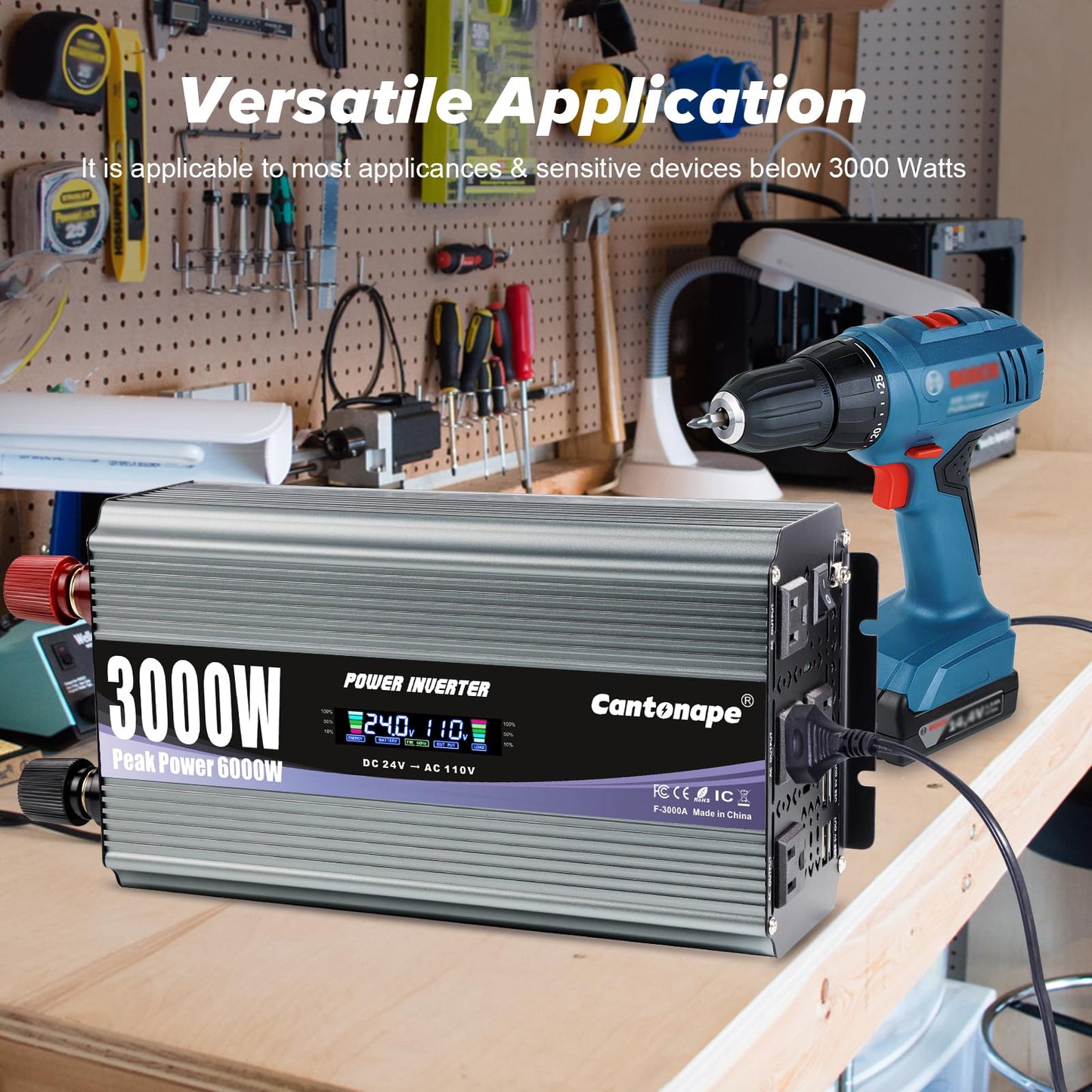 Cantonape 3000W Power Inverter 24V to 110V/120V DC to AC with LCD Display, Remote Controller and 4 x AC Outlets Car Adapter for Car Truck Boat RV Off Grid Solar System