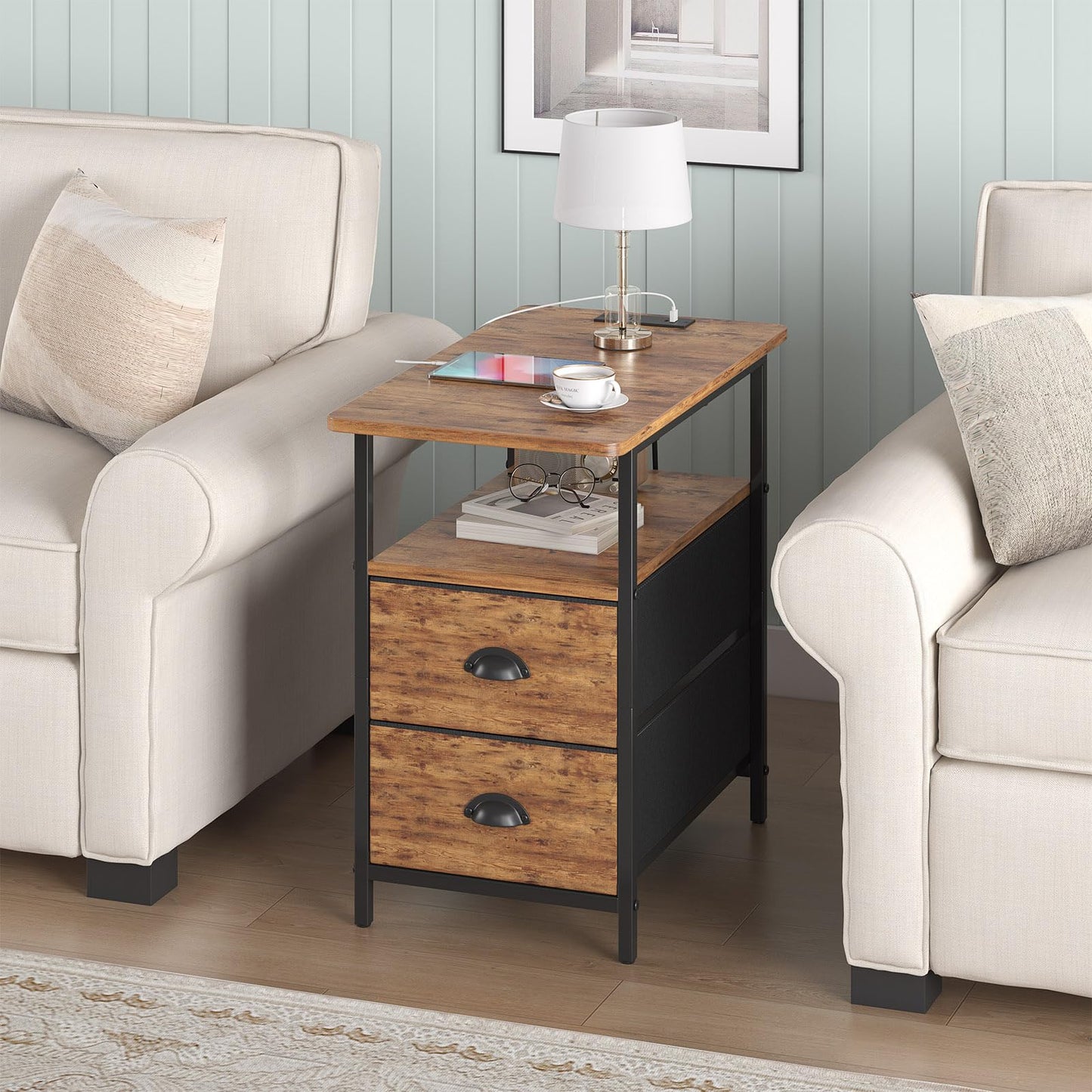 sthmec End Table with Charging Station, Narrow Side Table with 2 Drawers, Nightstands with Drawers, USB Ports & Power Oulets,Slim Sofa Side Tables for Small Spaces,Livin Room,Bedroom,Rustics Brown