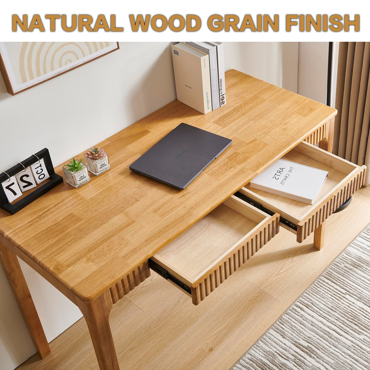 JTYP Solid Wood Desk with Drawers, Light Wood Desk for Small Spaces, Small Writing Desk for Bedroom, Gaming Study Home Office Wooden Desks for Work, 47 inch Wood Computer Desk