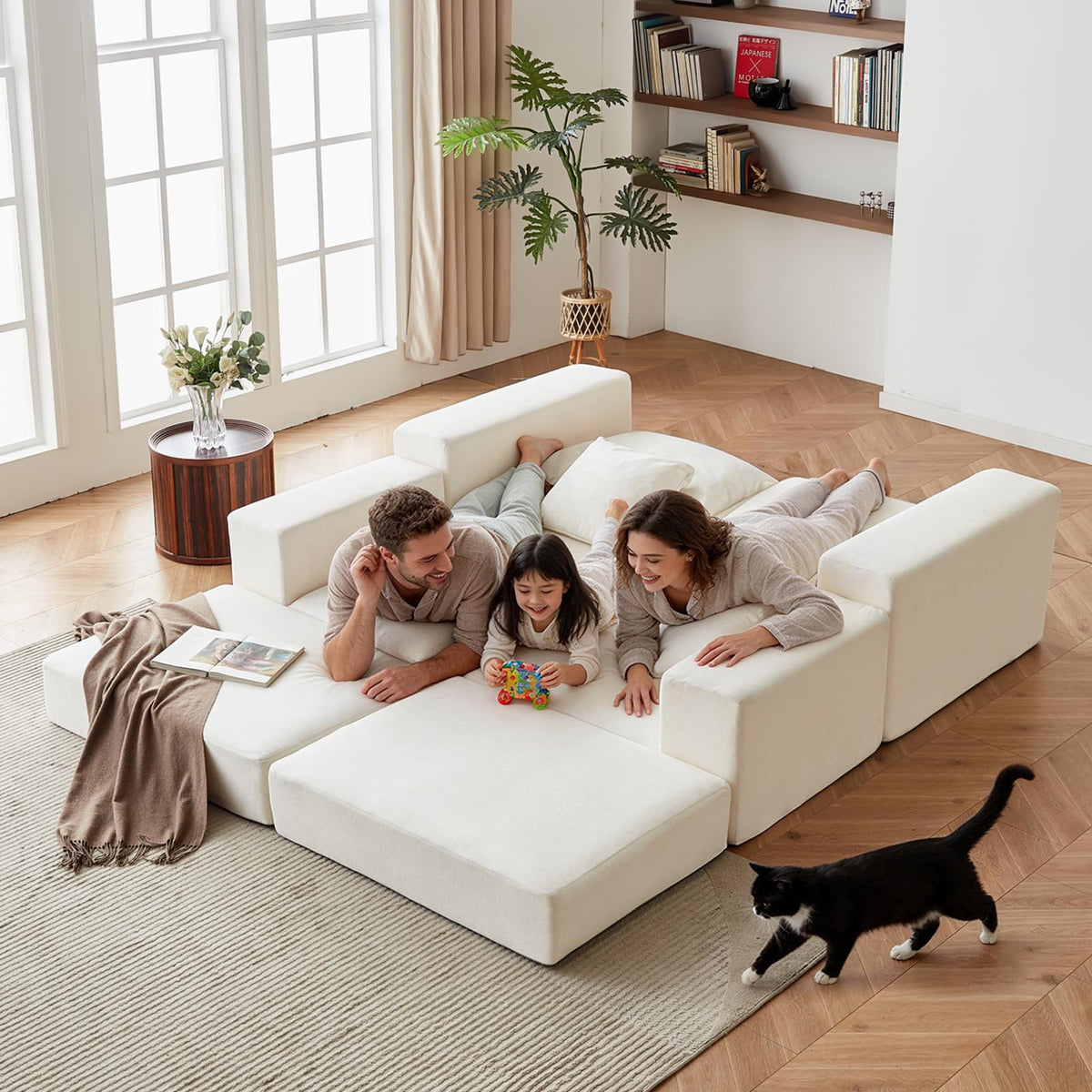 Modular Sectional Loveaeat Cloud Sofa, Boneless Couch with Non Slip Base, Modern Sleeper Sofa for Customizable Living Spaces, Cozy Modular Couch with L-Shape Chaise, Deep Seat & No Assembly, Beige