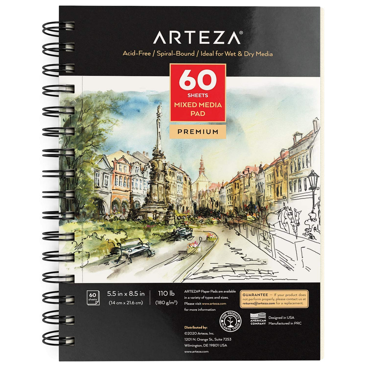 ARTEZA Mixed Media Sketchbook, 5.5 x 8.5 Inches, Pack of 1, 60 Sheets, Micro-Perforated Spiral-Bound Paper Pad for Wet and Dry Media