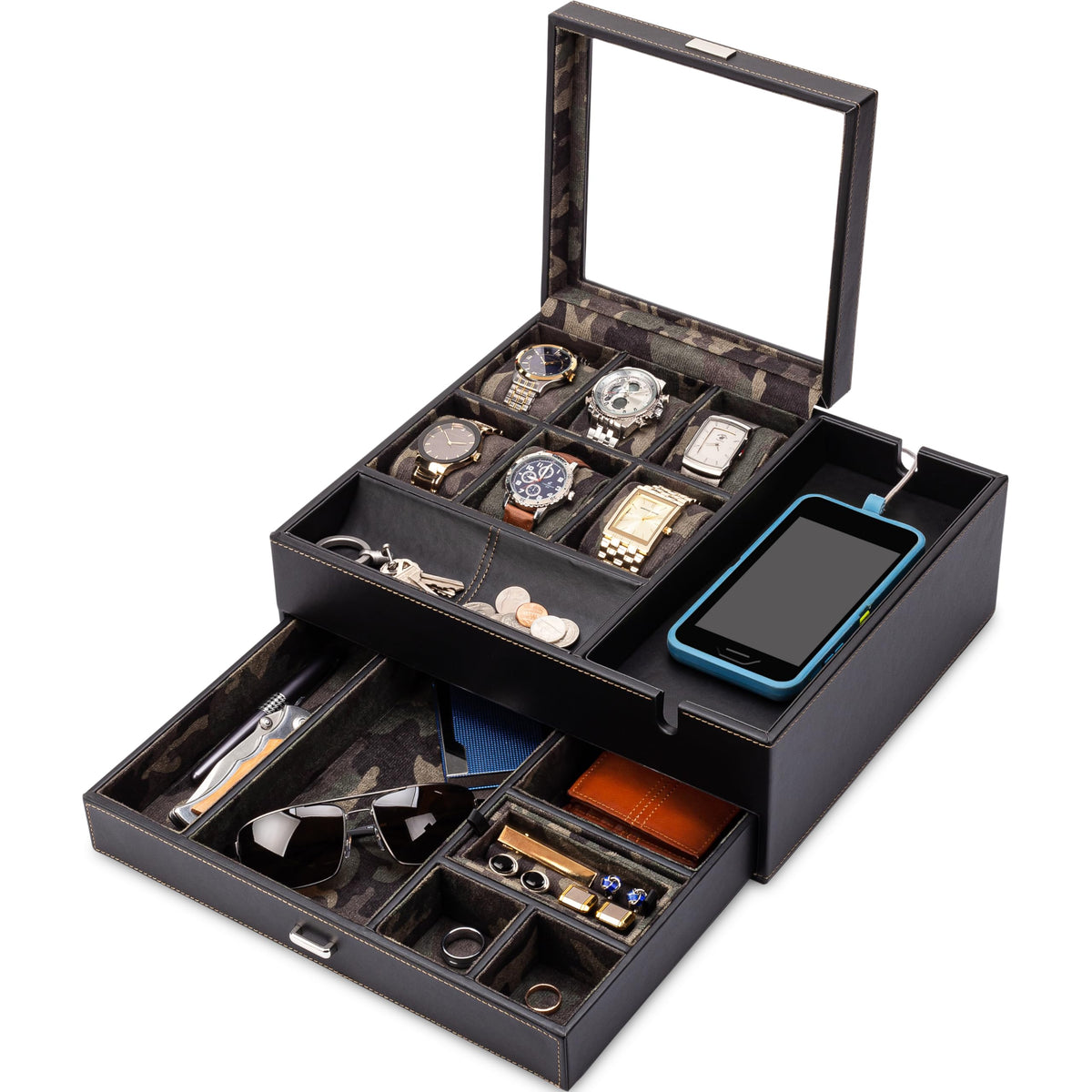 HOUNDSBAY Commander Dresser Valet Watch Box Case, Camo Gifts for Men, Mens Jewelry Box Organizer