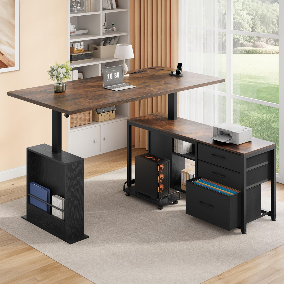 Homiflex 63 Inch L Shaped Desk with 3 Drawers Electric Standing Desks with Storage Computer Table Adjustable Height with Power Outlets 4 Memory Presets for Home Office, Rustic Brown
