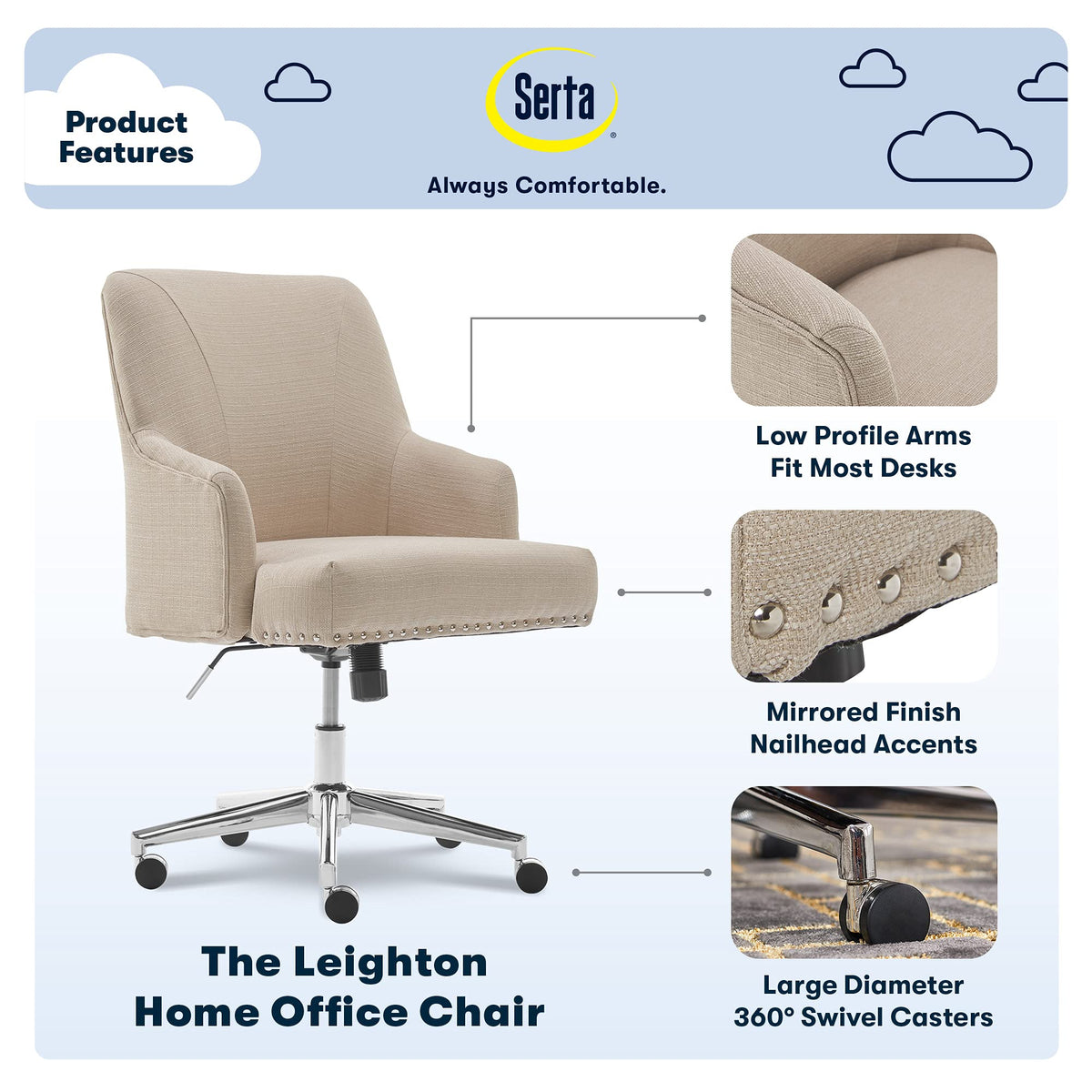 Serta Leighton Home Office Desk Chair, Mid-Back with Chrome Nailheads, Memory Foam Cushion and Padded Arms, Modern Makeup Vanity Armchair with Wheels, Swivel Base, Twill Fabric, Stoneware Beige