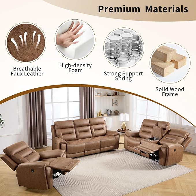 ANJ 3-Piece Faux Leather Power Recliner Sofa Set