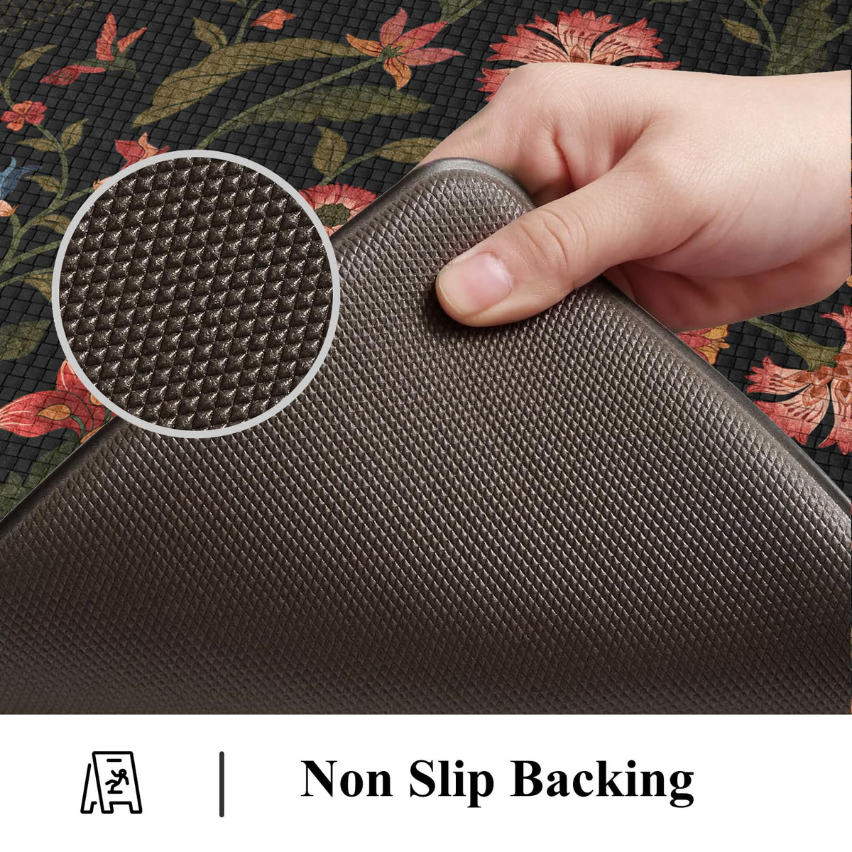Collive Kitchen Mats for Floor 2PCS, Cushioned Anti Fatigue Mat Non Slip Waterproof Kitchens Sink Rug, Floral Comfort Padded Standing Mat for Laundry, Desk, Bar, Office, 17.3"x29"+17.3"x47", Black