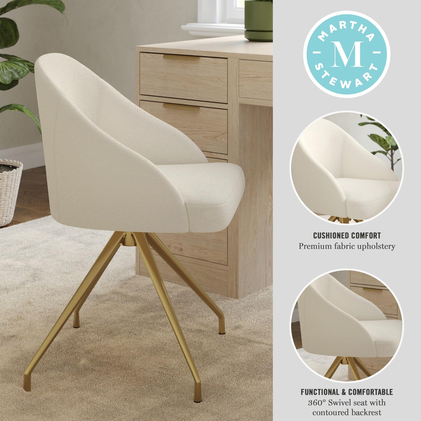 Martha Stewart Sora Stationary Swivel Task Chair with Sloped Arms for Home Office in Off White Boucle with Polished Brass Frame