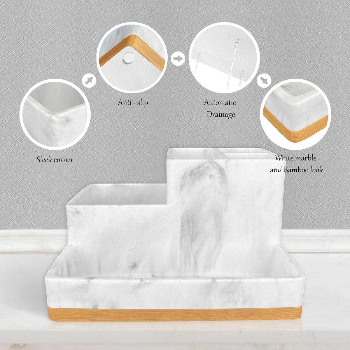 Bathroom Countertop Organizer with Tray, Large Size Toothbrush Holder Organizer, Vanity Storage for Bathroom, 5 Different Size Compartment, Resin in White Marble Bamboo Bottom