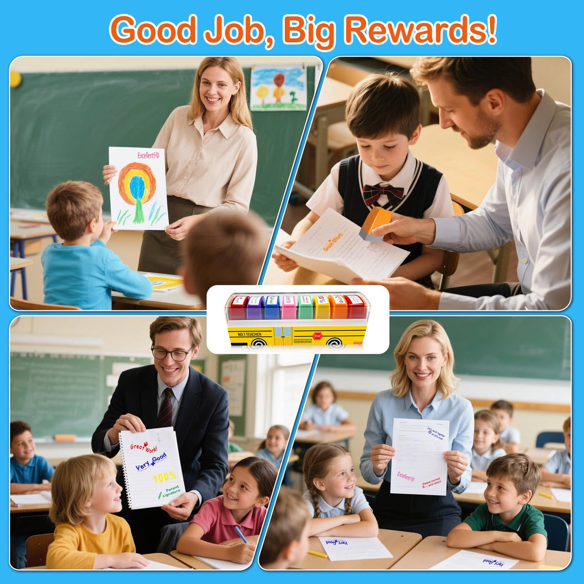 Teacher Stamps for Grading Classroom, New Teacher Appreciation Gifts, Self-Inking Motivation Great Job Parent Signature Stamp for Homework Must Haves, Teacher Supplies (8 pcs)
