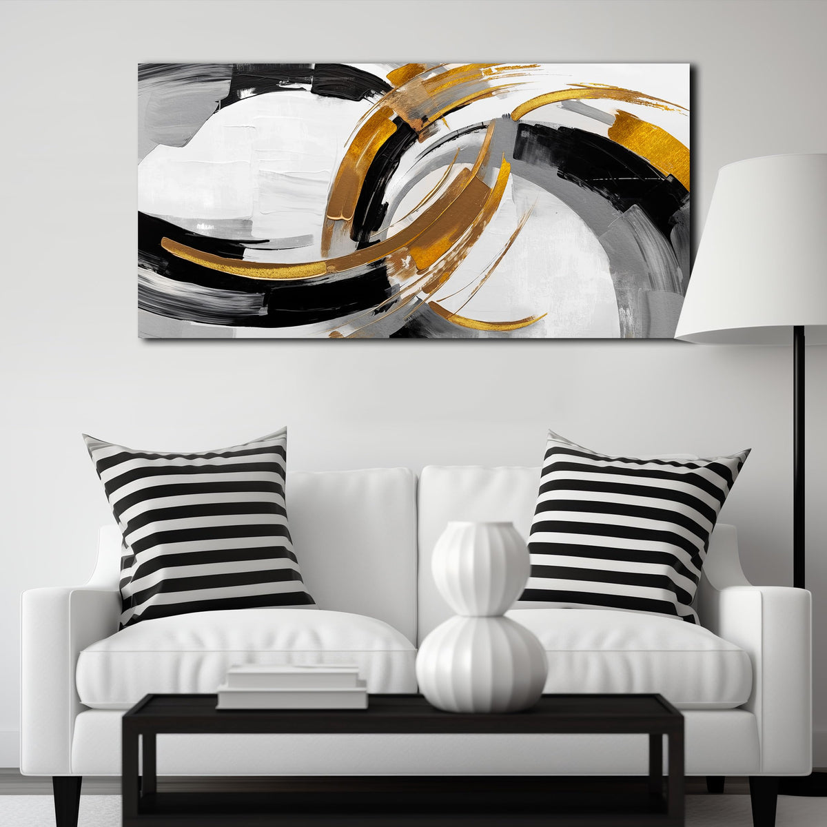 AUUZAIUA Large Abstract Canvas Wall Art for Living Room Black White and Gold Minimalist Line Artwork for Bedroom Office 20"x40"