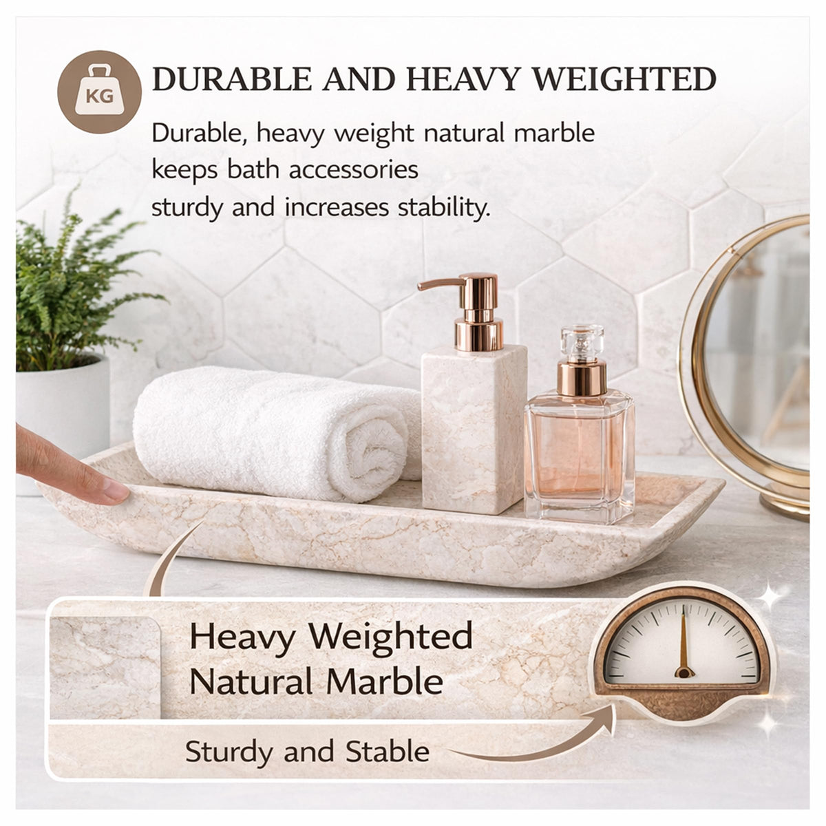 Creative Home Natural Champagne Marble Rectangular Vanity Tray Towel Tray Boat Shaped Tray Bathroom Accessories Organizer for Bathroom Countertop, Kitchen Sink, Jewelry, 16.5" x 6.3" x 1.5" H, Beige
