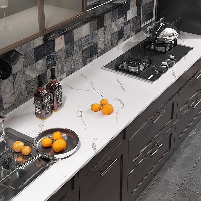 FunStick 24"x394" Thick White Marble Contact Paper Peel and Stick Countertop