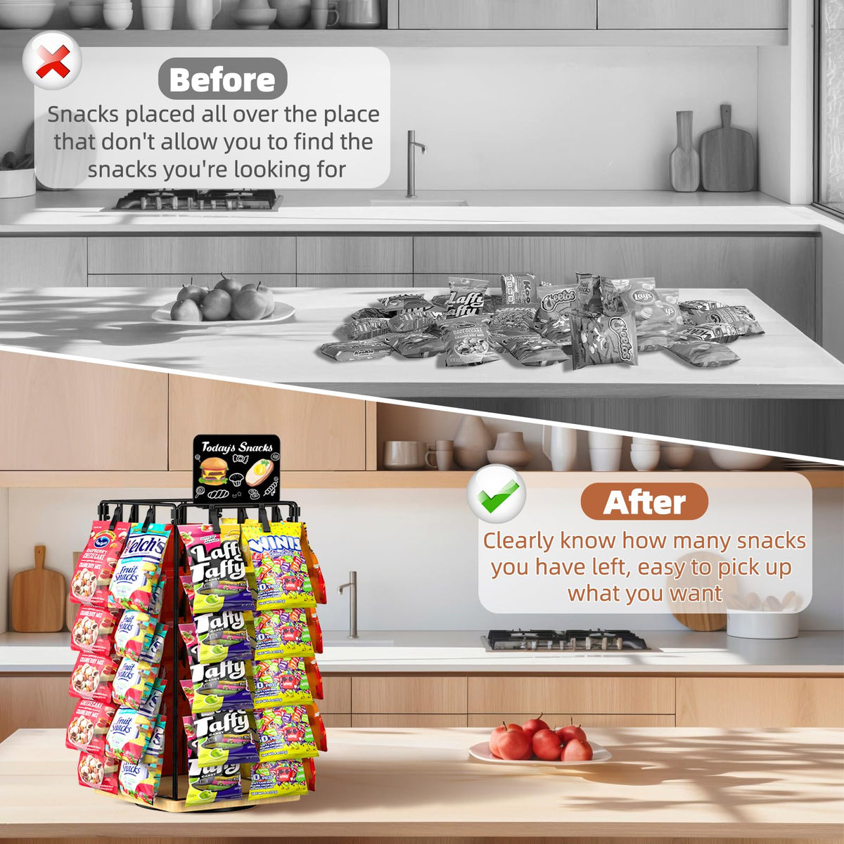 OFUSUY Chip Rack Display Stand, 5 Tiers 40 Clips Display Stand, 360°Rotating Wooden Base Chip Bag Holder for Concession Stand, Snack Organizer for Christmas Party, Retail, with Message Board