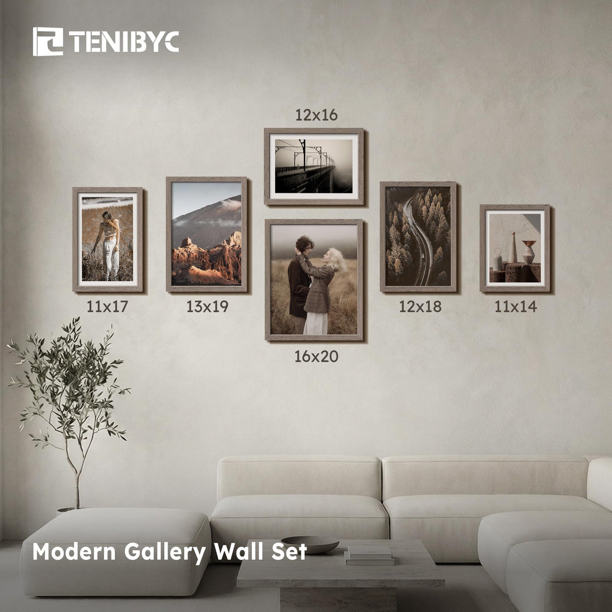 TENIBYC 11x14 Walnut Picture Frame 3 Pack with HD Glass - Natural Brown, Solid Wood Poster Frame, Wall Gallery Frame