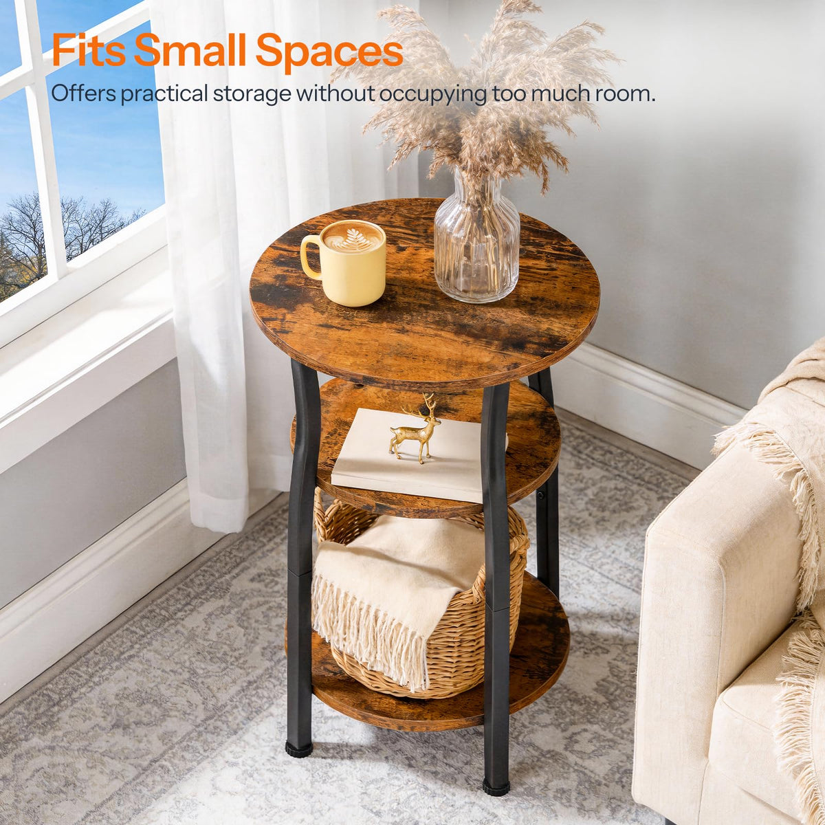 HOOBRO Narrow End Table with Storage, 3-Tier Small Oval Side Table, Slim Bedside Table for Small Spaces, Corner Sofa Table for Living Room, Bedroom, Rustic Brown and Black BF258BZ01