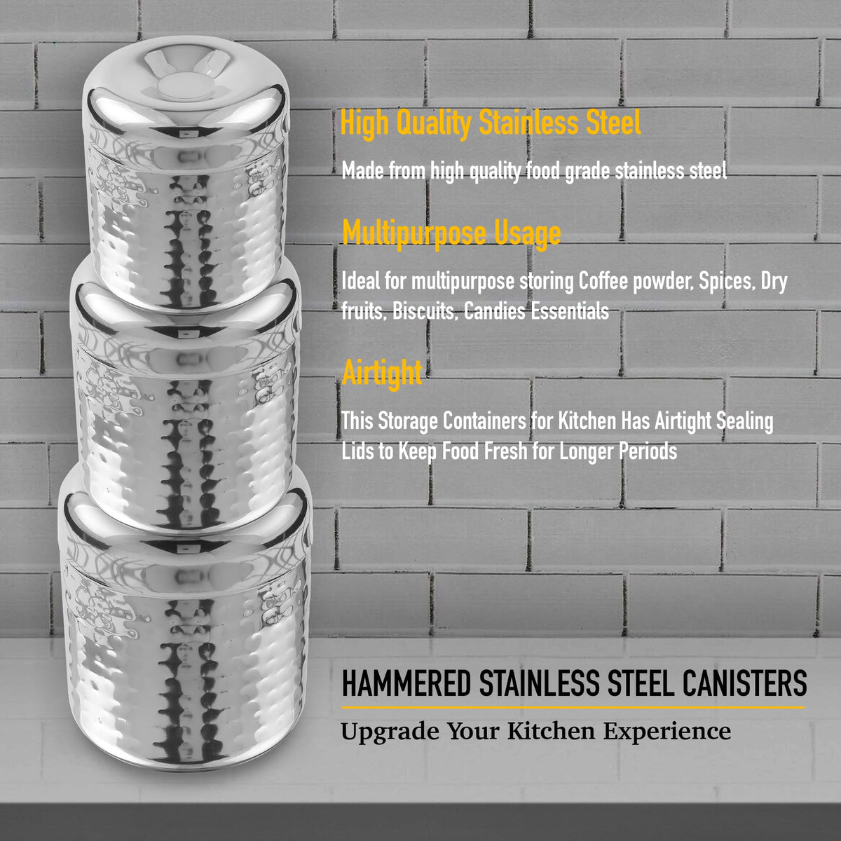 CRAFTONE Stainless Steel Hammered Containers Set of 3 with Spoon, Ideal for Tea, Coffee, Sugar, Masala Storage Sugar Container with Lid for Salt, Coffee, Dishwasher Safe (10 Oz, 15 Oz, 20 Oz)