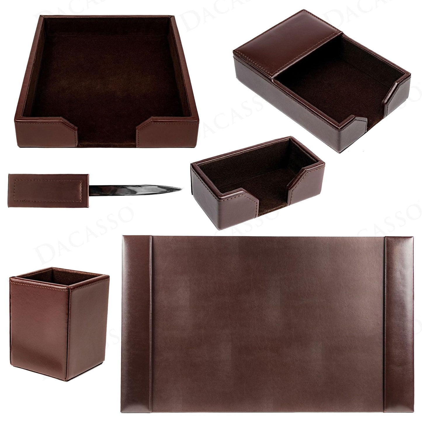 Dacasso Dark Brown Bonded Leather Luxury 6 Piece Desk Set - Blotter Pad & Desk Organization Essentials - Executive Decor and Surface Protector