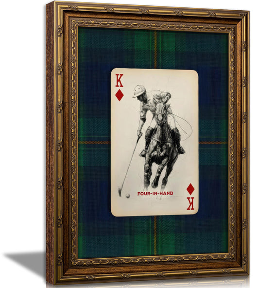 Vintage Gold Framed Polo Playing Card Wall Art, Retro Plaid Equestrian Canvas Prints, Trendy Polo Four In Hand Sport Poker Wall Decor, Classic Horse Sport Poster Artwork for Office Man Cave, 16x24in