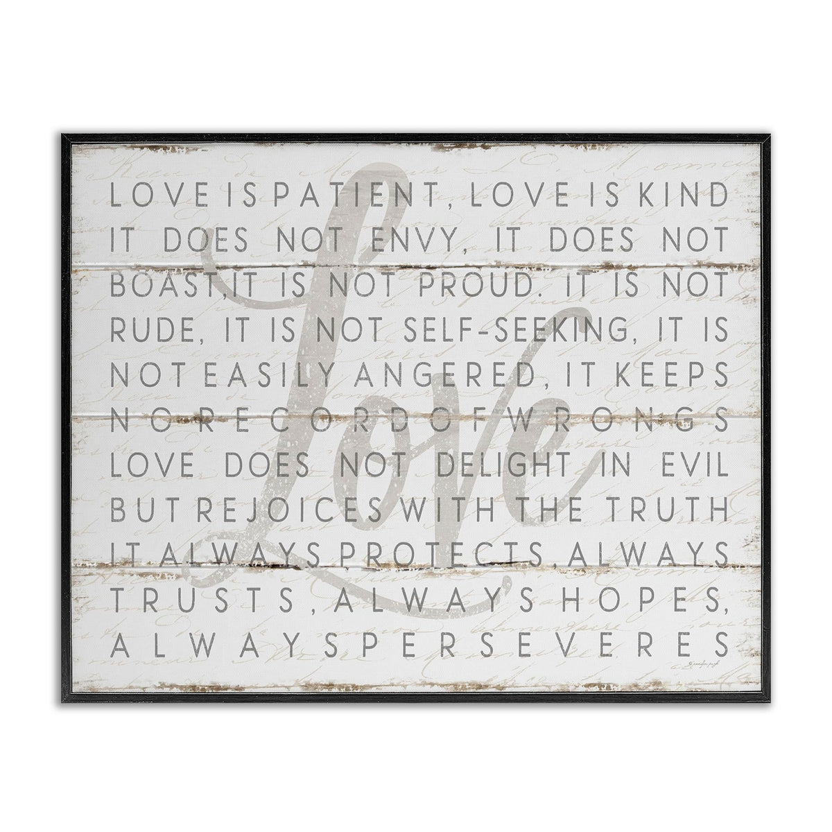 Stupell Industries 'Love Is Patient Grey on White Planked Look', Framed Giclee Art, Black, 14 x 11 Inches, Easy to Hang and Sturdy, Made in USA, by Jennifer Pugh