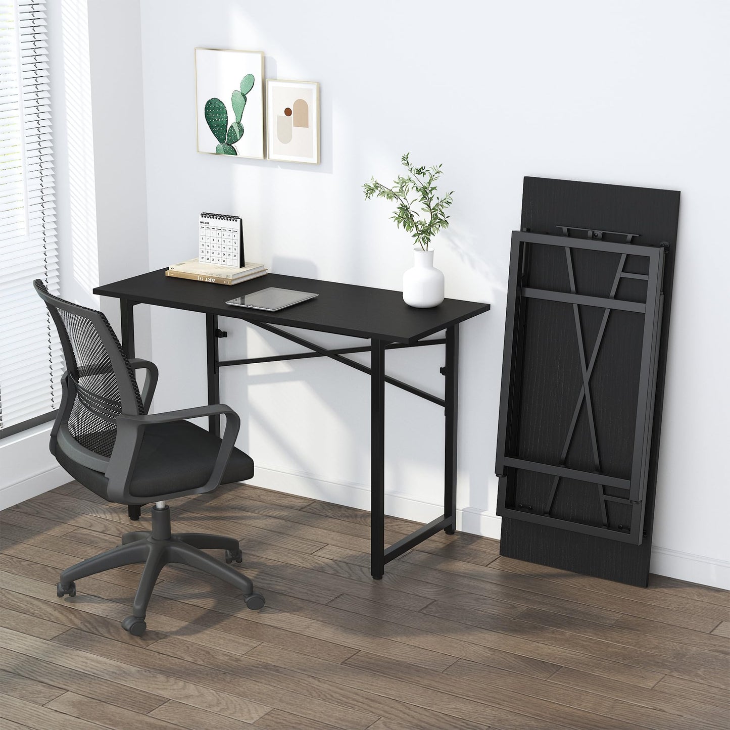 Lutown-Teen Folding Computer Desk 47 inch Writing Gaming Computer Camping Table, No Assembly Required Home Office Desk, Black