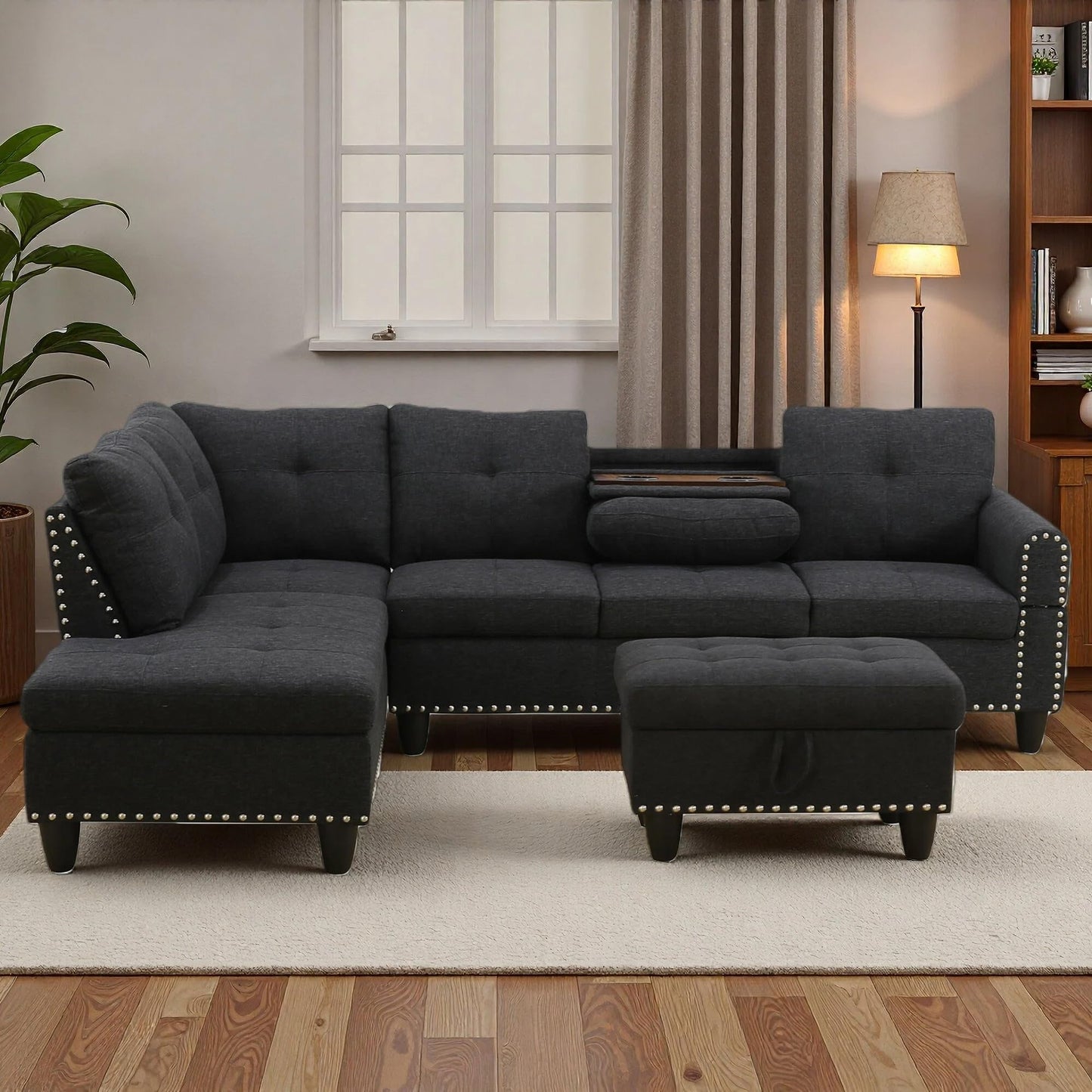 Trygoal 3-Piece L-Shaped Modular Sofa – Convertible Sectional Couch with Movable Chaise & Storage Ottoman, Multi-Scene Use for Living Room, Apartment & Office, Black Grey