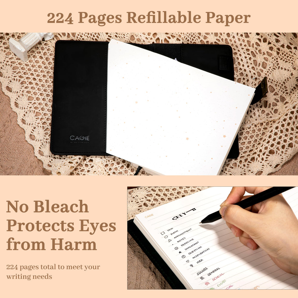 CAGIE Journal with Lock for Women Girls Refillable Lock Diary with Pen, Vintage Hot Foil Embossed Design Locking Journal for Gifts, Travel, 5.5 x 8 in, Black