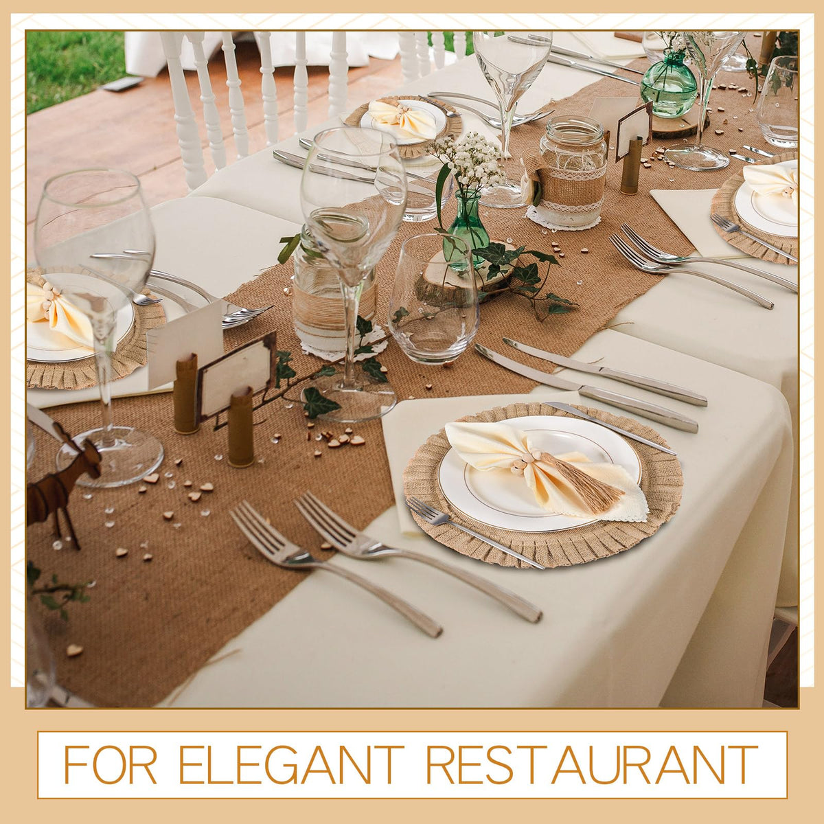 Gejoy Round Burlap Placemats Wood Bead Napkin Rings with Dinner Napkins Cloth, Jute Heat Resistant Placemats Boho Wooden Rings for Plates Wedding Dining Table(36 Pcs)
