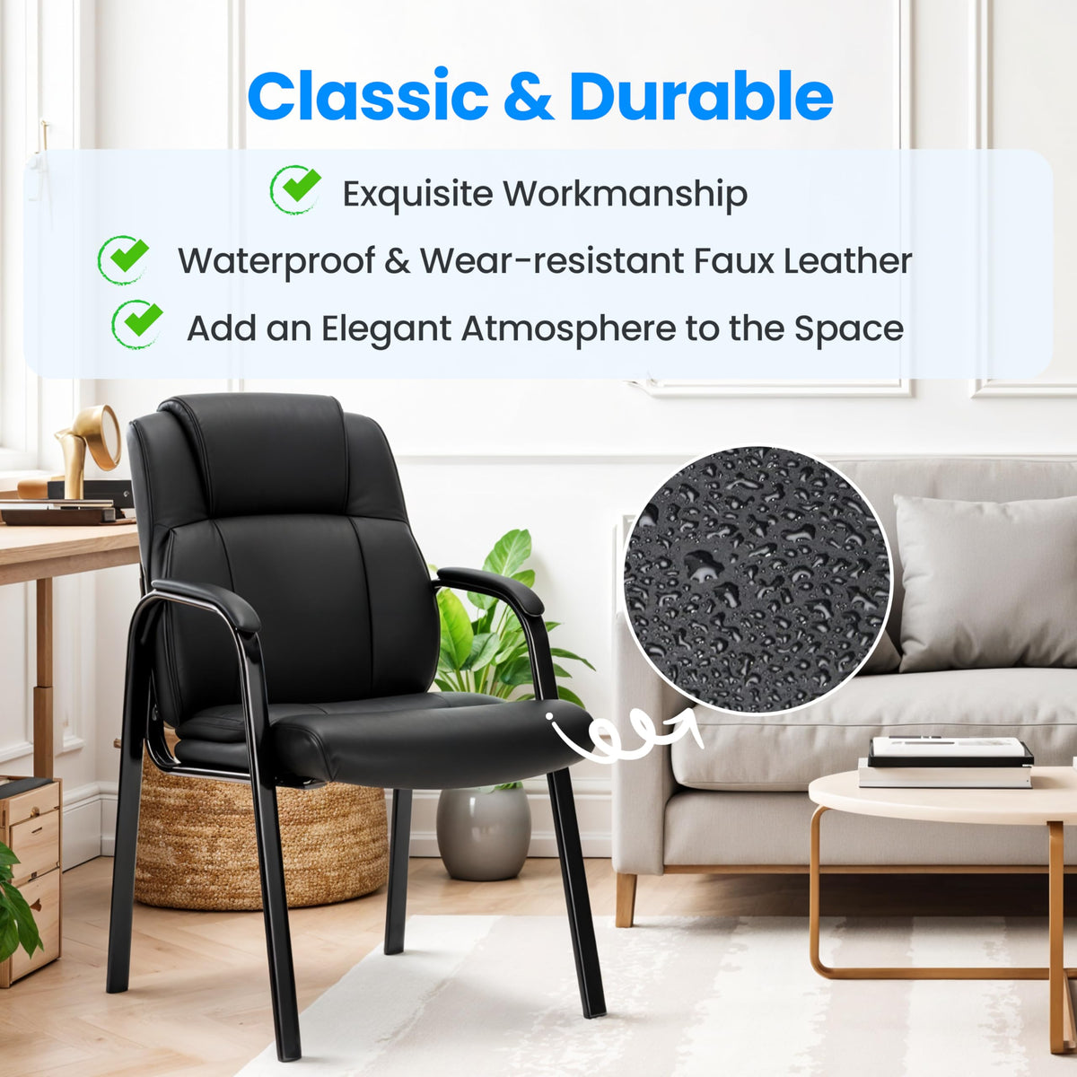 Simple Deluxe Leather Guest Chair with Padded Arm 2 Pack, Rest for Office Reception, Waiting Room, Meeting Conference, Lobby Home Desk Table Side Chairs for Seniors, Elderly
