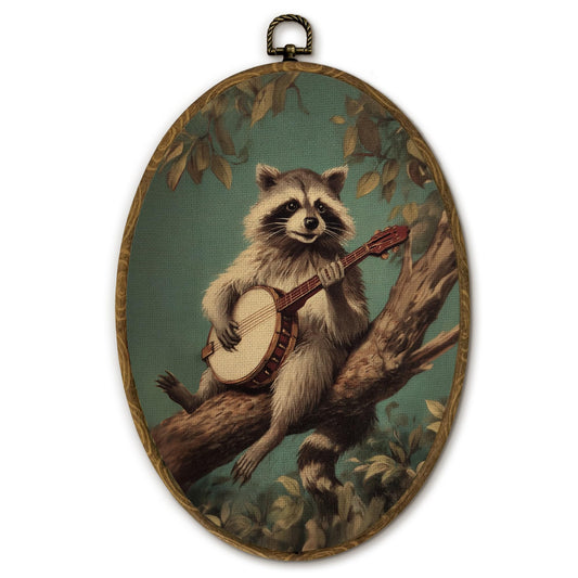 Yjeslw Vintage Raccoon Oval Wall Art Decor, Cottagecore Raccoon Playing Banjo Canvas Prints Framed, Antique Trash Panda Wall Hanging Decor for Home Bedroom Living Room, 8.6x11.4 Inches