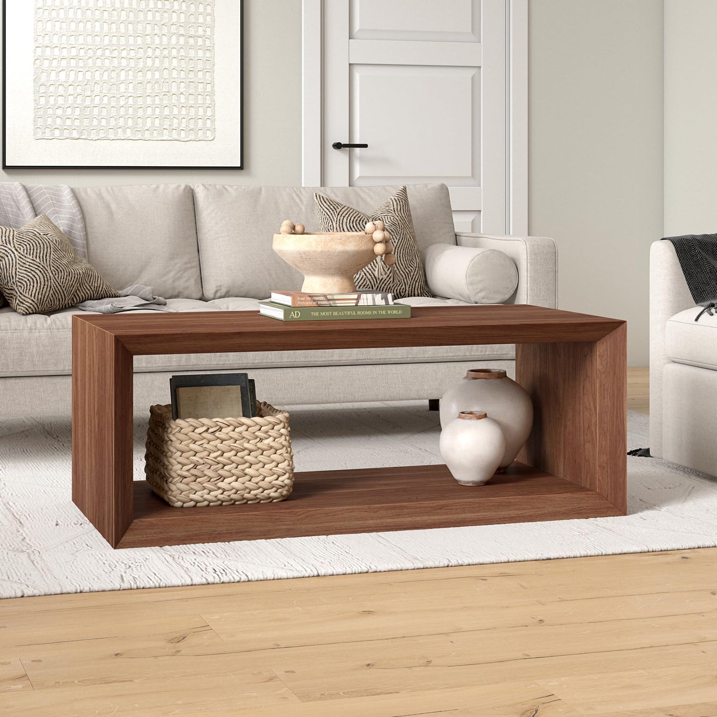 Henn&Hart 48" Rectangular Wood Coffee Table with Open Storage Shelf for Living Room, Family Room, or Office, Medium Walnut