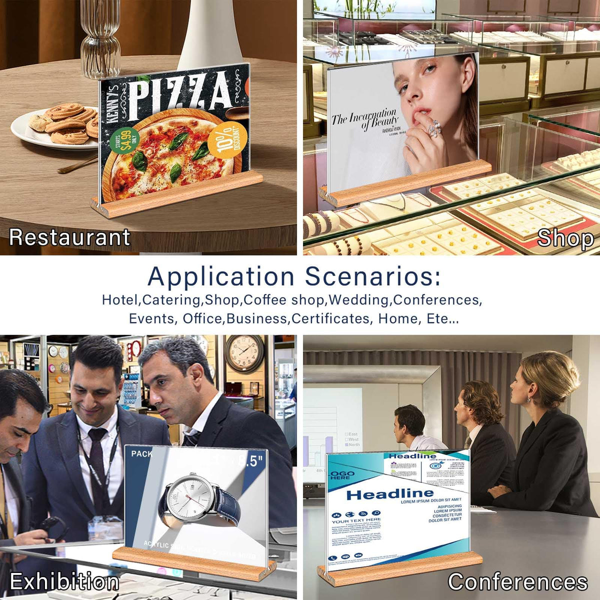 Kersally Acrylic Sign Holder 6 x 4, 3 Pack Double-Sided Clear Table Display Stands with Wood Base,Horizontal Acrylic Frame Menu Flyer Paper Holder for Store, Restaurant, Hotel, Office, Show Fair