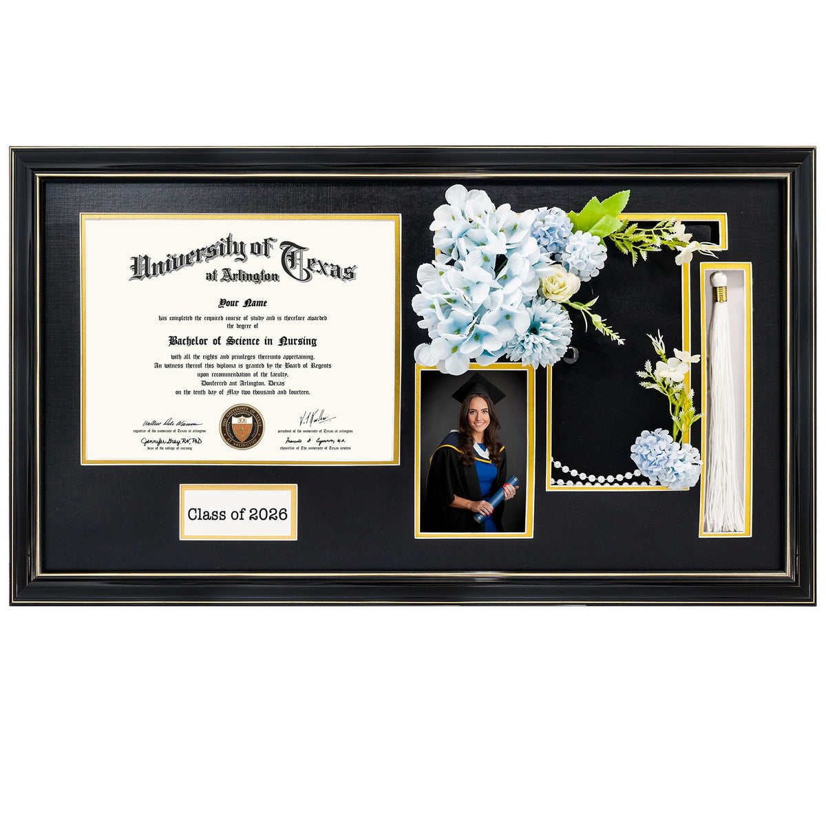 GraduationMall Class of 2026 Graduation Shadow Box Frame for 8.5x11 Diploma, 4x6 Picture with Cap & Tassel Holder, Black Wood Display Case with Black Gold Mat