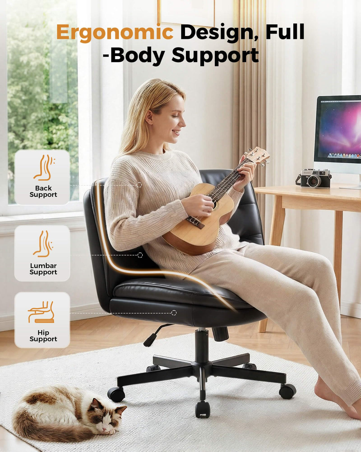 COMHOMA Cross Legged Office Chair with Wheels Armless Office Desk Chair, Modern Vanity Computer Task Chairs for Home Bedroom, Comfortable Wide Seat for Lower Back Pain Relief, PU Leahter, Black