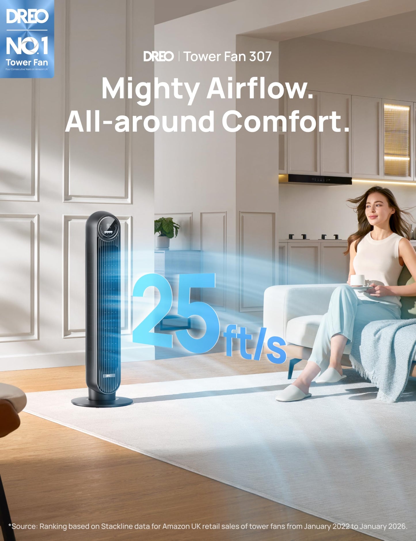 DREO Tower Fan for Bedroom, 2026 Upgraded DC Motor, 28ft/s High Velocity, 20dB Ultra Quiet Standing Fan, 8 Speeds 4 Modes, 90° Oscillating Bladeless Fan for Indoors, Floor Fans with Remote, Black