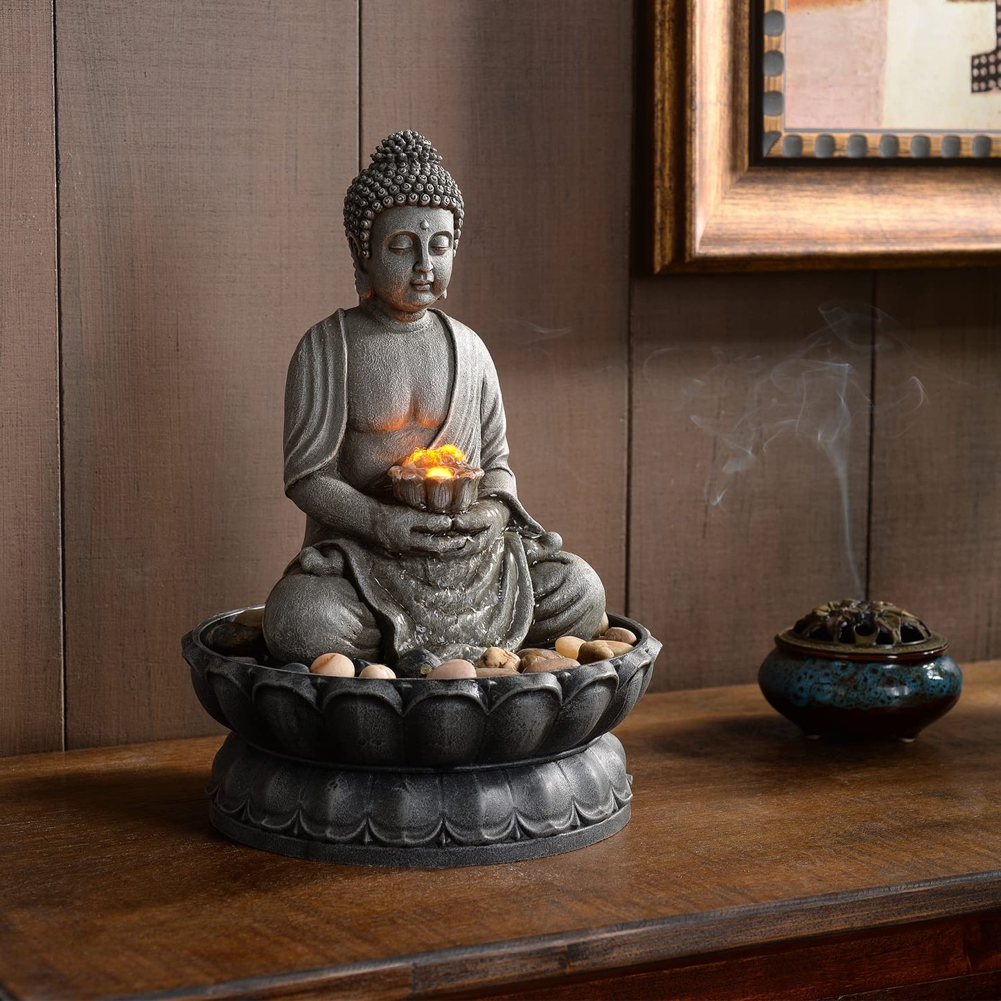 GOSSI 11.2 Inch Tall Indoor Tabletop Buddha Fountain with Reflective Lighting and Cobblestone Base, Zen Desk Water Fountain for Office and Home Decor