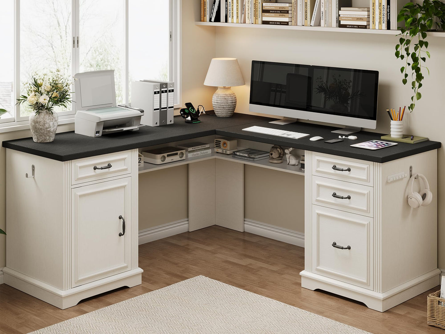 Jocoevol L-Shaped Executive Desk with Drawers, 59" Farmhouse Home Office Desk with File Cabinet, Computer Desk with Charging Station & Headphone Hook for Work/Study/Writing (White & Black, L-Shaped)