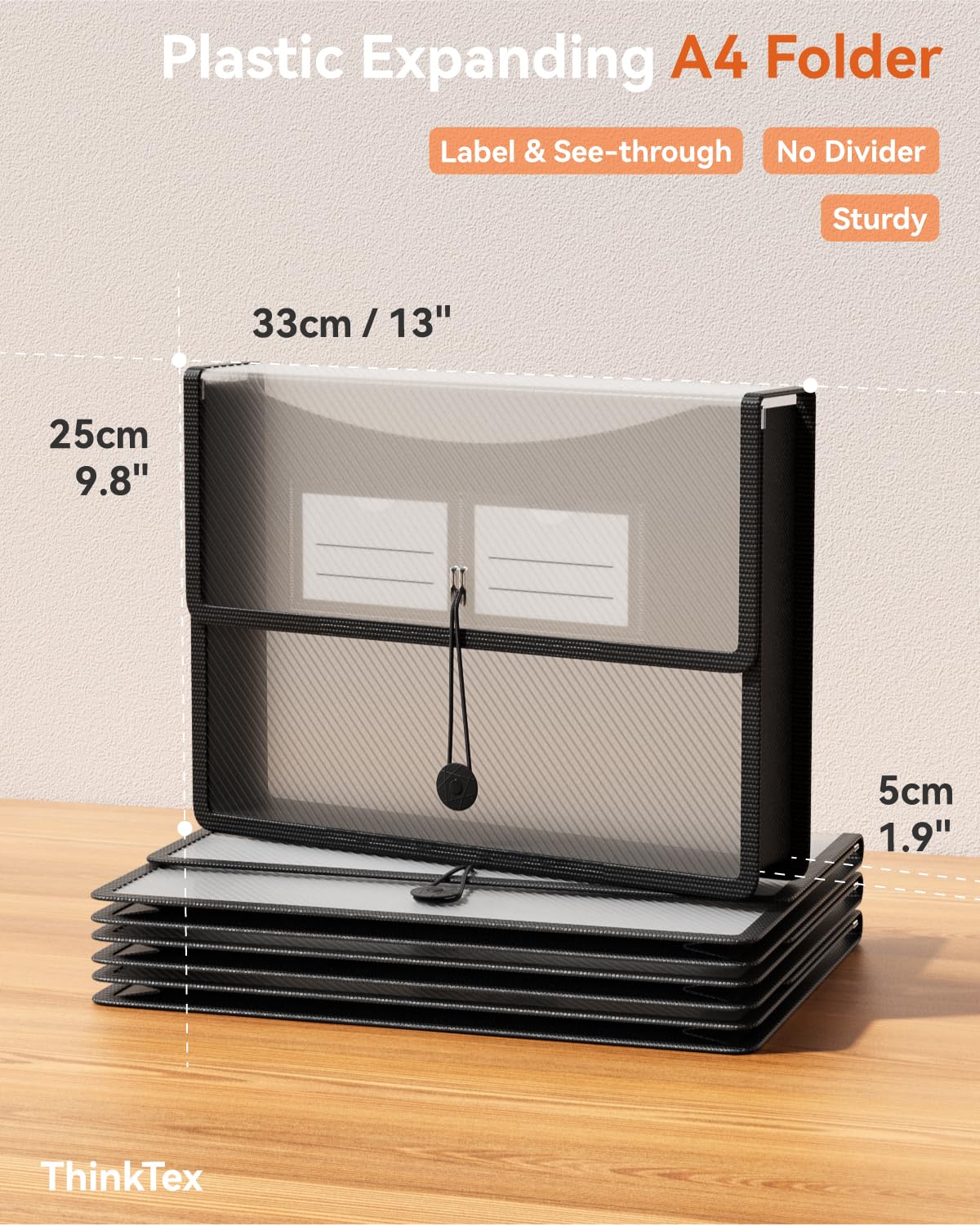 ThinkTex Plastic Expanding File Folders, Transparent Envelopes with Elastic Closure, No Dividers, Large Capacity, Fits Letter/A4 Size, for Home, Office, School, Tax, Bill Organization - 3 Pack