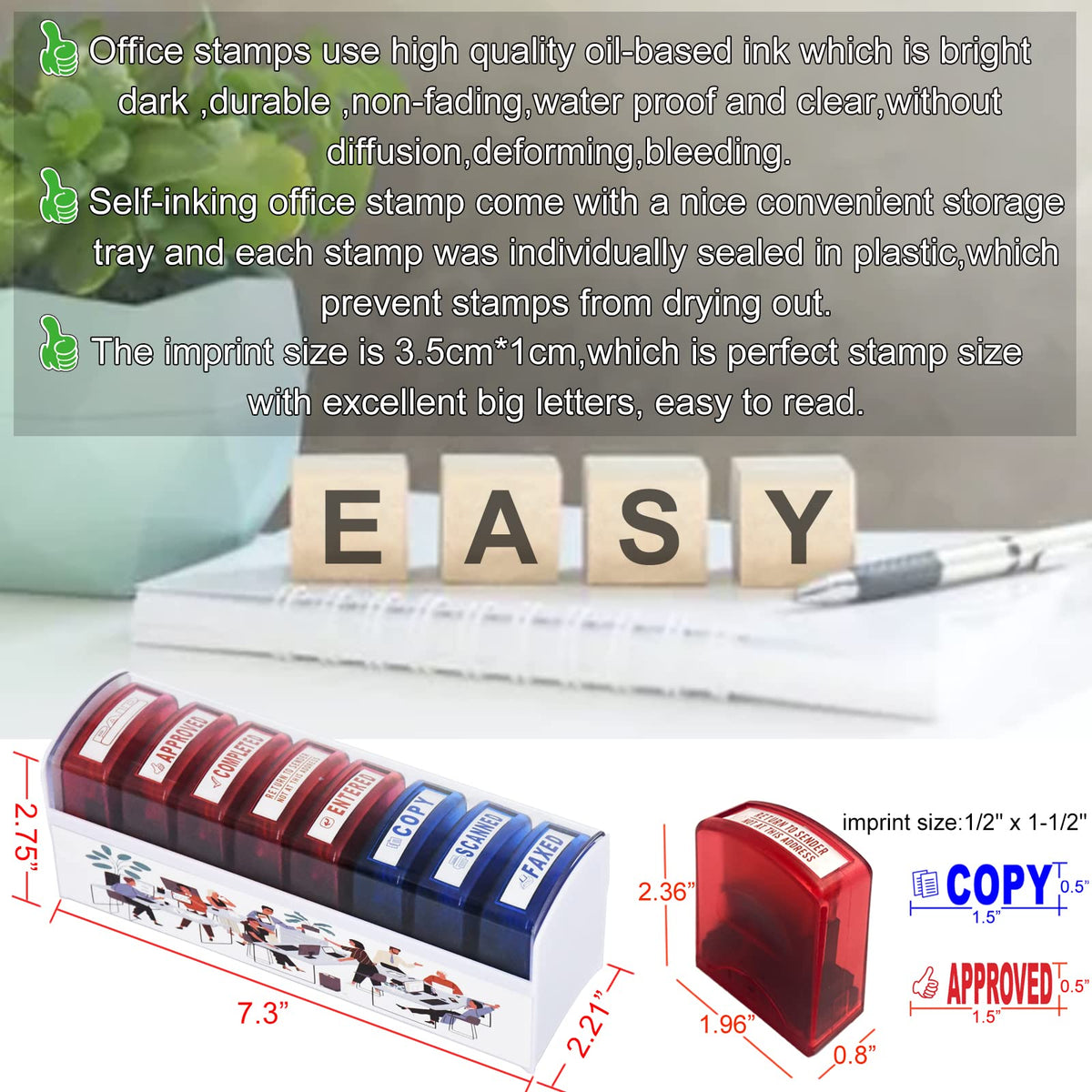 Bertiveny 8 PCS Self-Inking Rubber Stamp Set for Office Stamps Business Stamp Message Account Stamp Paper Work Text Ink Stampers Approved Paid Completed Copy Faxed Scanned Stamps with Plastic Tray