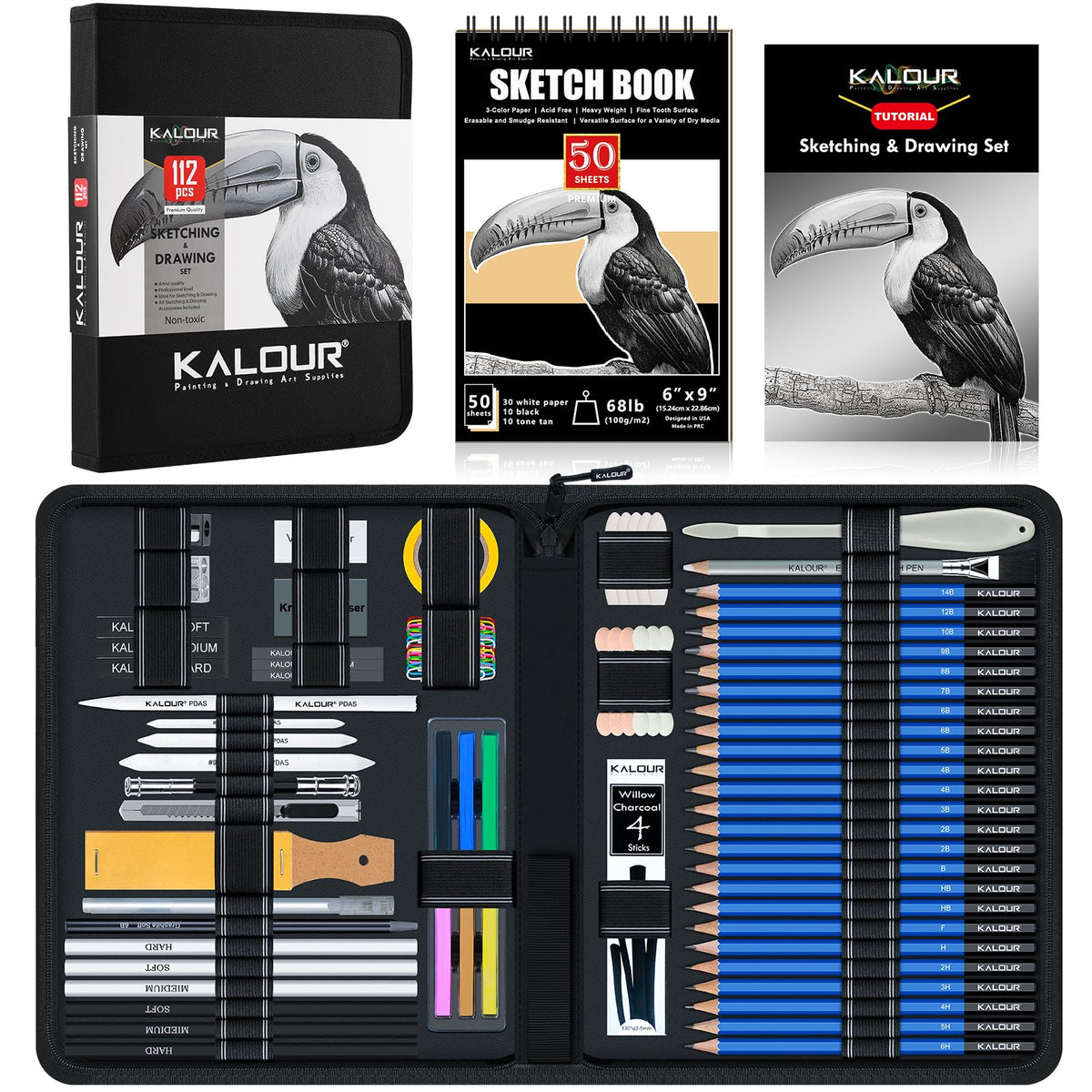 KALOUR PDAS 112 Drawing Set Sketch Kit, Pro Art Supplies with 3-Color Sketchbook, Graphite, Charcoal Pencils, Art Drawing Kit for Artists Adults Teens Beginners, Ideal for Shading & Blending