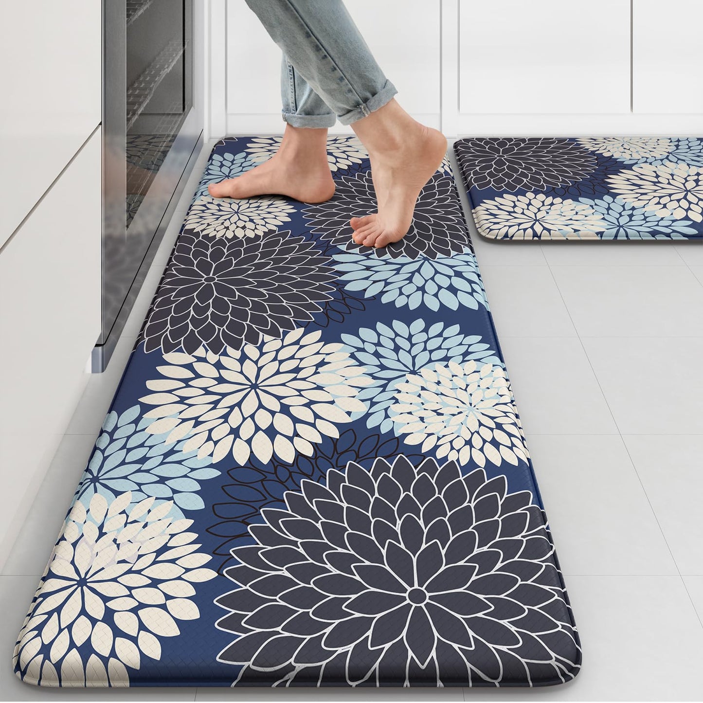 Anti Fatigue Kitchen Mats 2PCS,Boho Dahlia Kitchen Rugs Non Slip Rubber Backing,Farmhouse Waterproof Kitchen Mat for Floor,Cushioned Standing Mat for Kitchen,Sink,Desk,Mutil-Blue