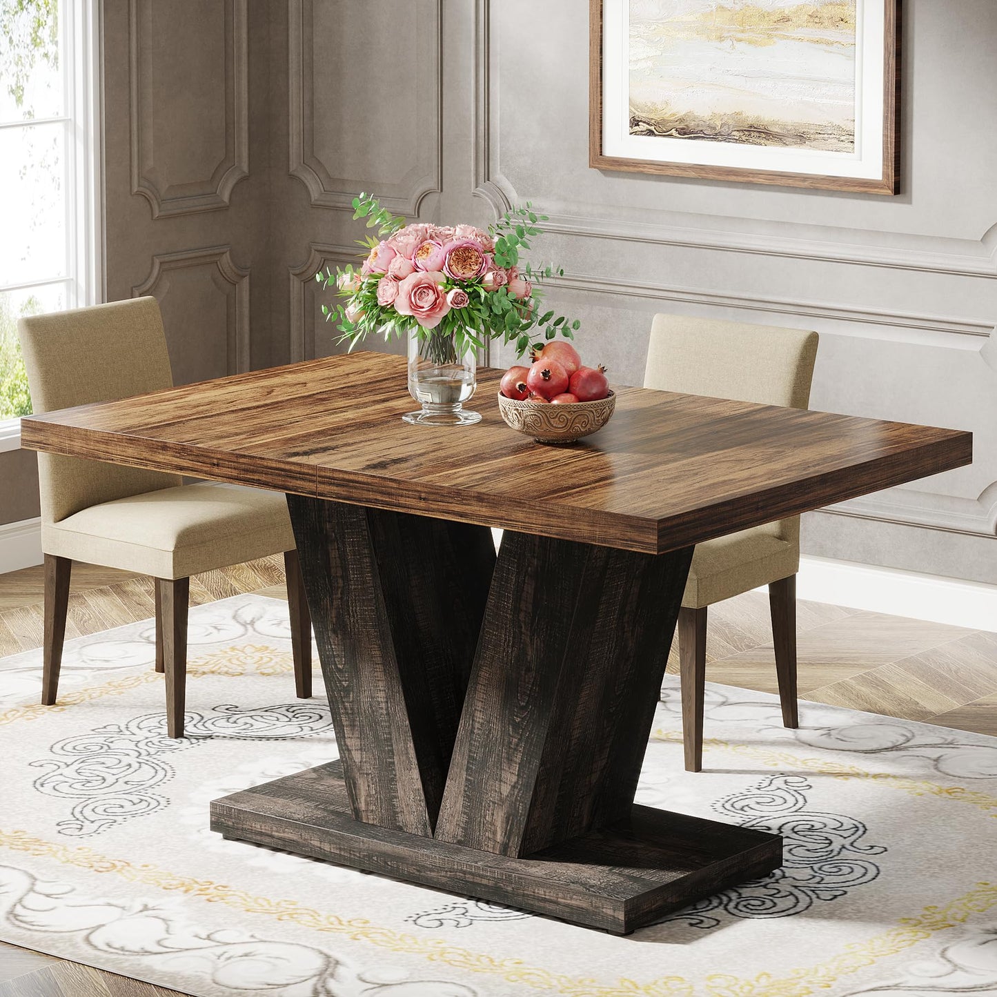 Tribesigns 47-Inch Dining Table for 4, Black Kitchen Dinner Table with Heavy Duty Pedestal, Farmhouse Wooden Eating Table for Home, Dining Room, Small Space, Black & Brown