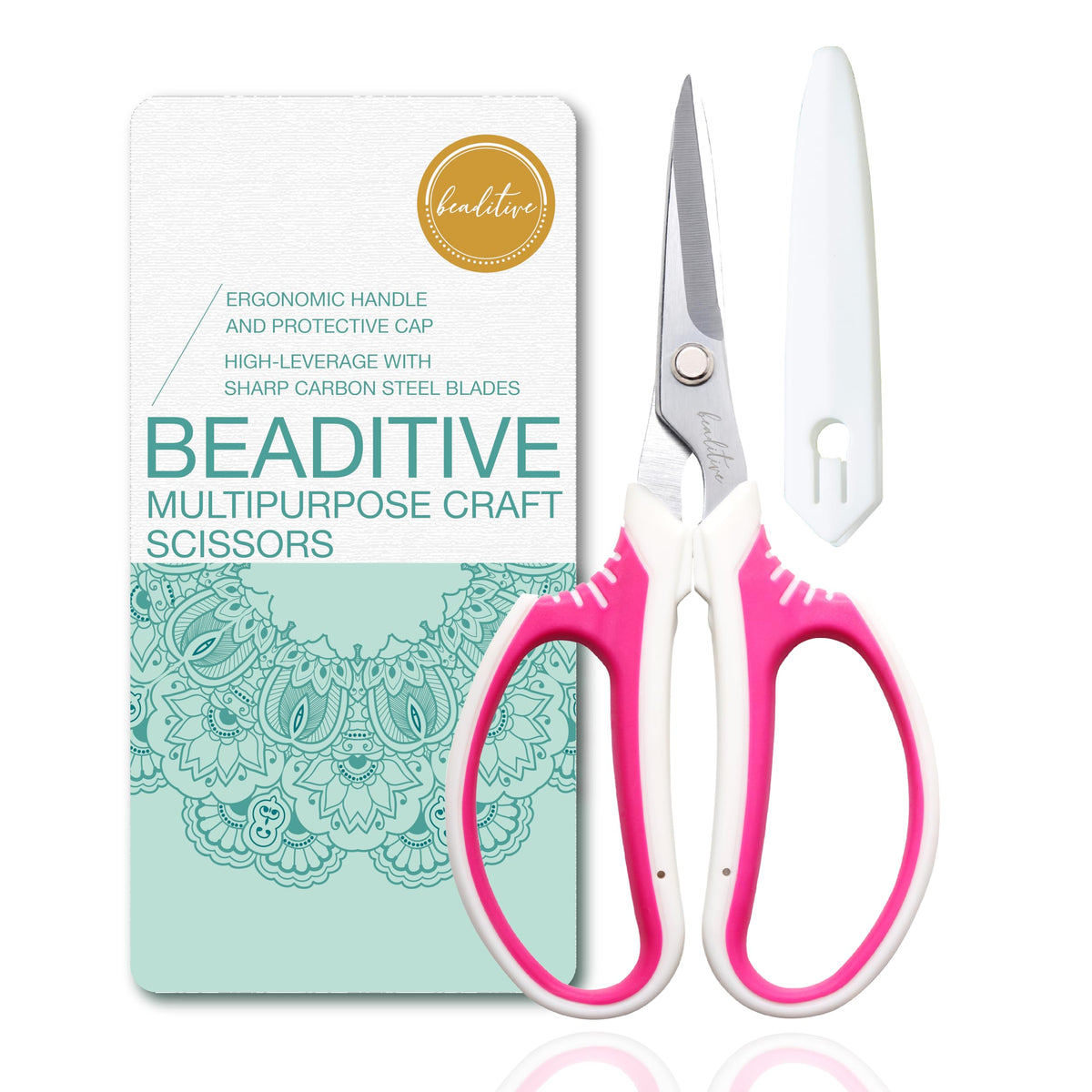 Beaditive Multipurpose Craft Scissors - High-Leverage Crafting Scissors with Sharp Carbon Steel Blades - Ergonomic Sewing Scissors for Heavy Duty Projects - Safe Office, Scrapbook, Leather Scissors