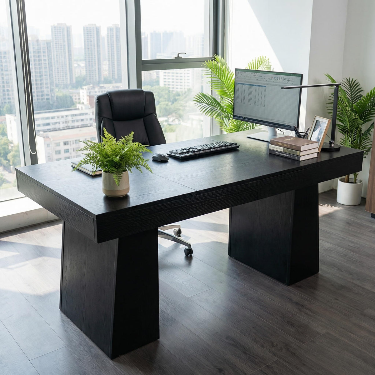 GarveeHome 55" Executive Desk, Mid-Century Modern Home Office Desks with Double Trapezoid Base, Wood Computer Desk Business Workstation Desk Conference Table, Black