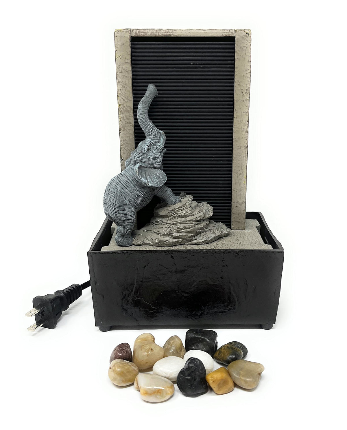 Nature's Mark 9" H Elephant Tabletop Water Fountain with Natural River Rocks and LED Lights (Power Cord Attached)