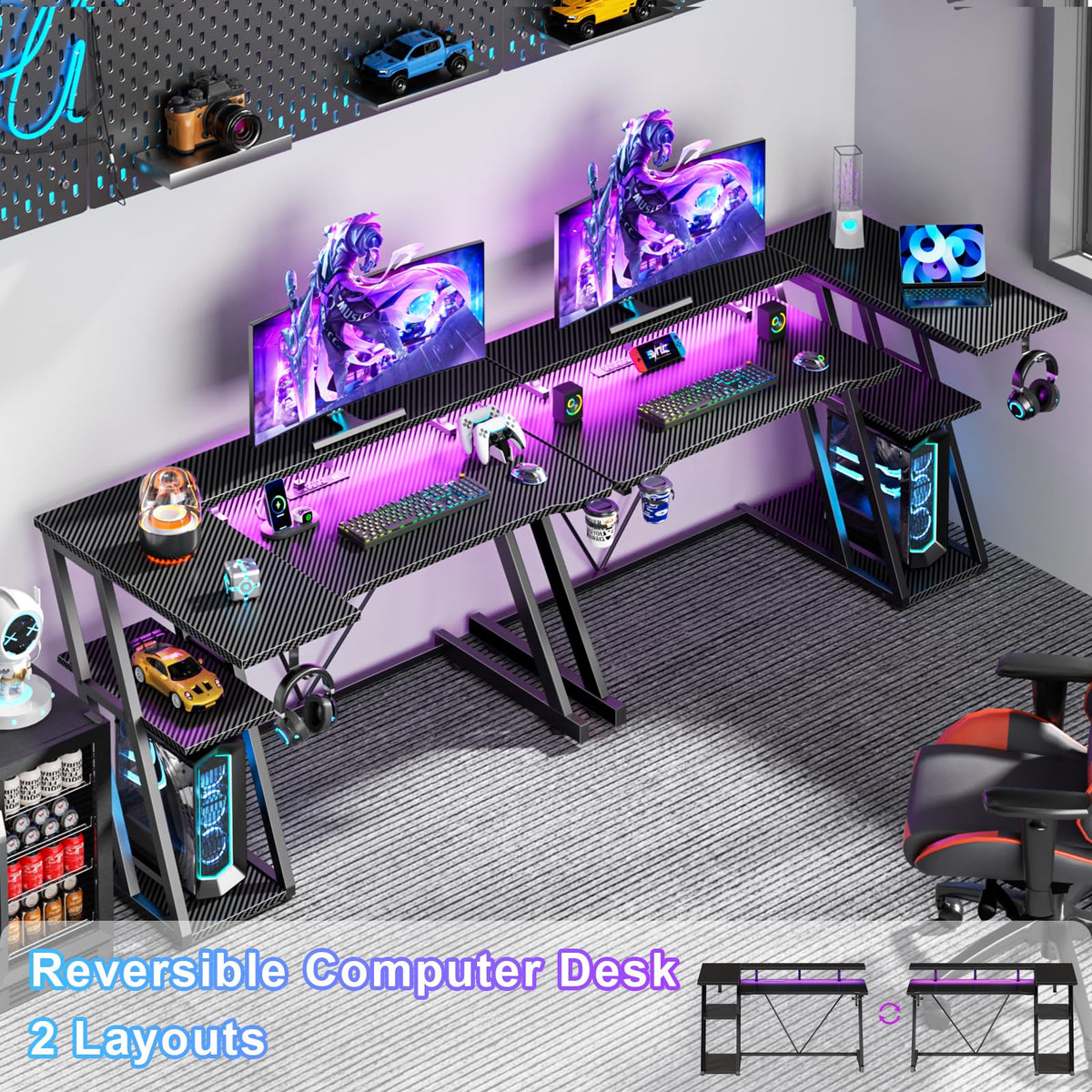 Korfile 40 Inch Gaming Desk with Power Outlet & LED Lights, L Shaped Computer Gaming Table with 3 Tiers Storage Shelves, Corner Gamer Desk with Monitor Stand for Small Space, Carbon Fiber Black